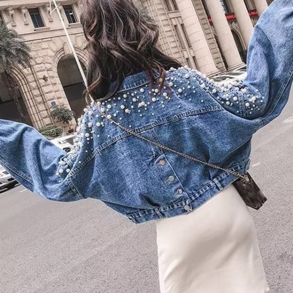 Medium Wash Faux pearl Button up Oversized Jean Denim jacket - Picture 4 of 8